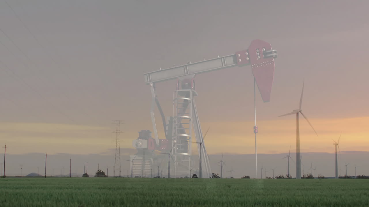 Operating in green field, oil pumpjack and wind turbines during sunset animation