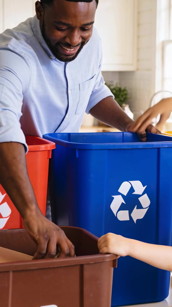 Vertical video: Pouring bottle, blue-shirt dad teaching kid placing paper into brown blue bins home