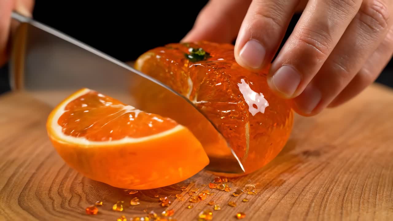 Cutting an orange jelly dessert