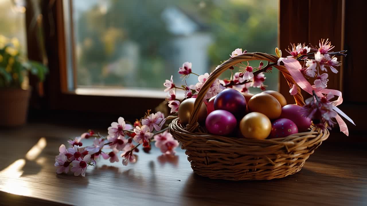 Soft sunlight bathes a wooden windowsill. Woven basket holds colorful, painted eggs. Pink cherry blossoms tumble beside the basket. Gentle warmth fills the spring morning air