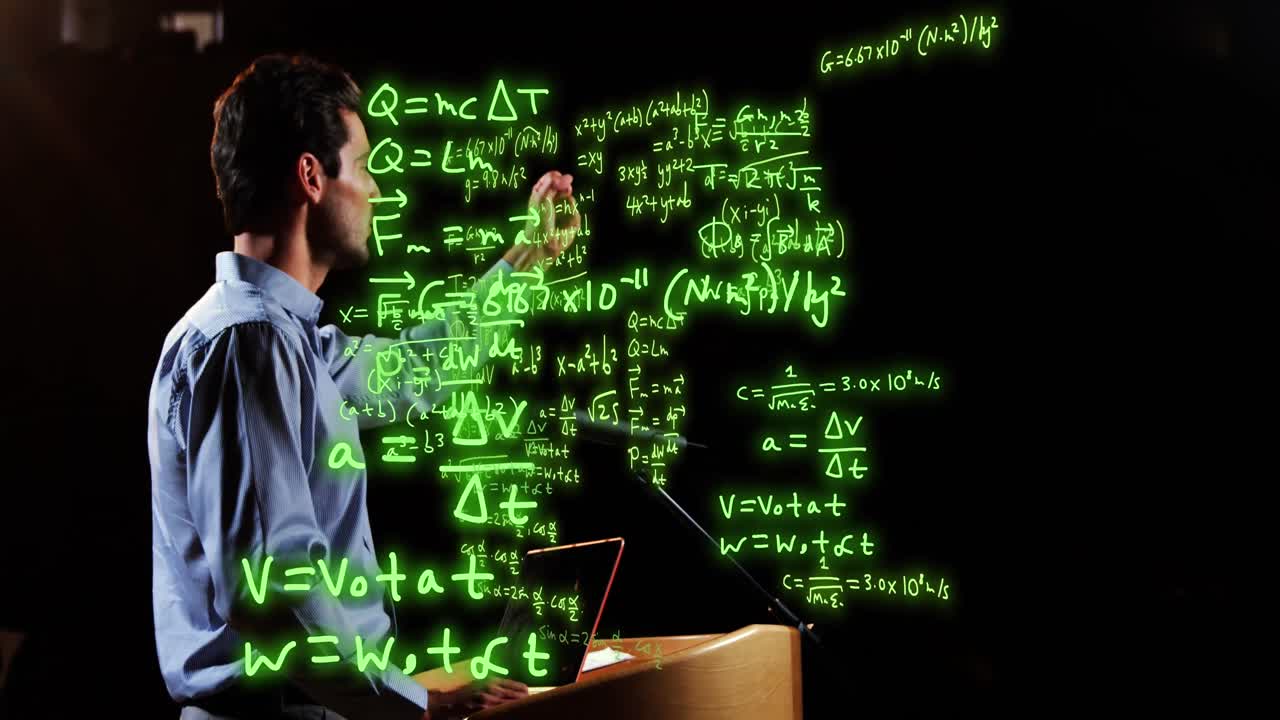 animación del procesamiento de datos científicos sobre el maestro caucásico masculino.