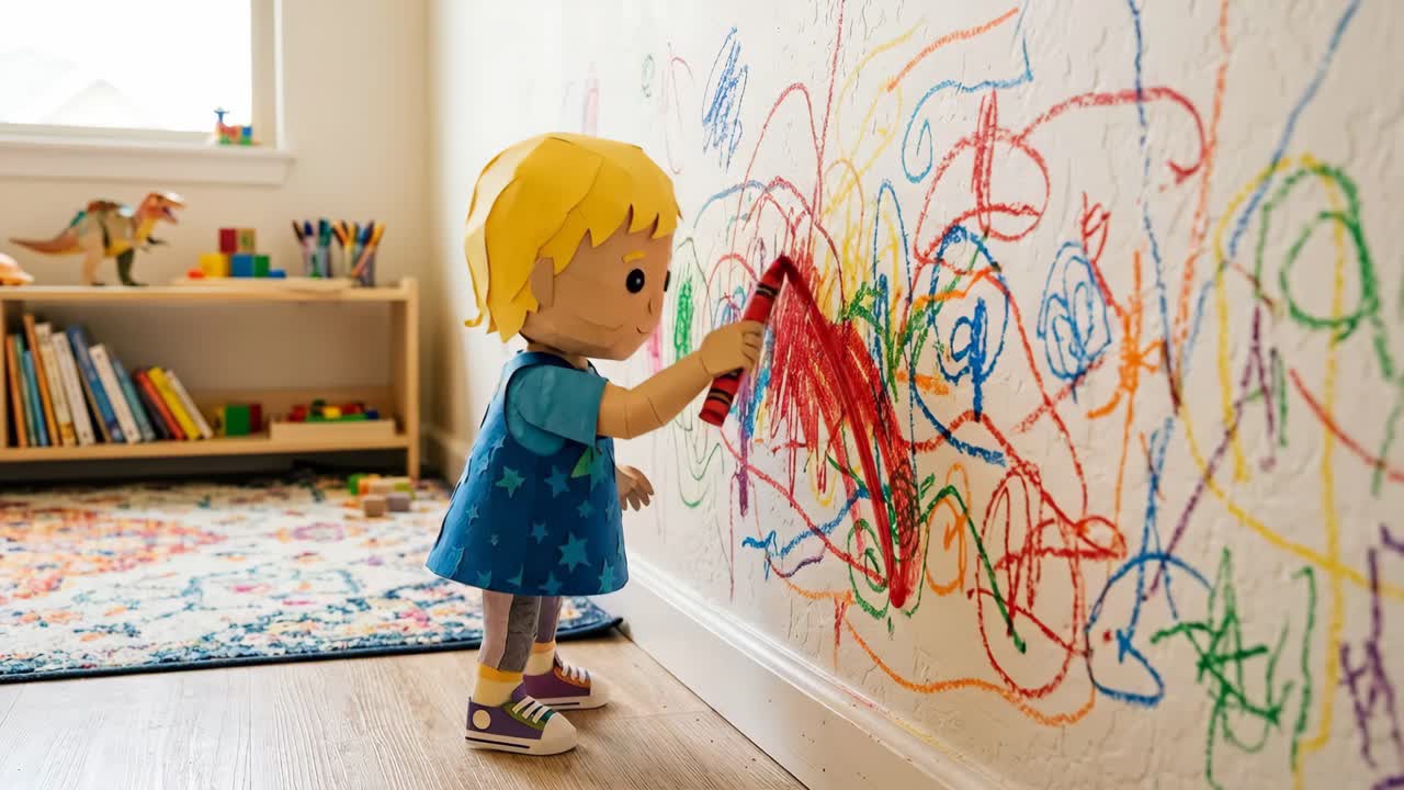 Playful Paper Doll Character Drawing Colorful Scribbles on a Wall
