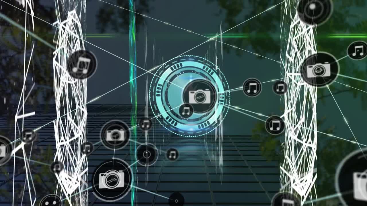 Animation of network of connections with icons over trees