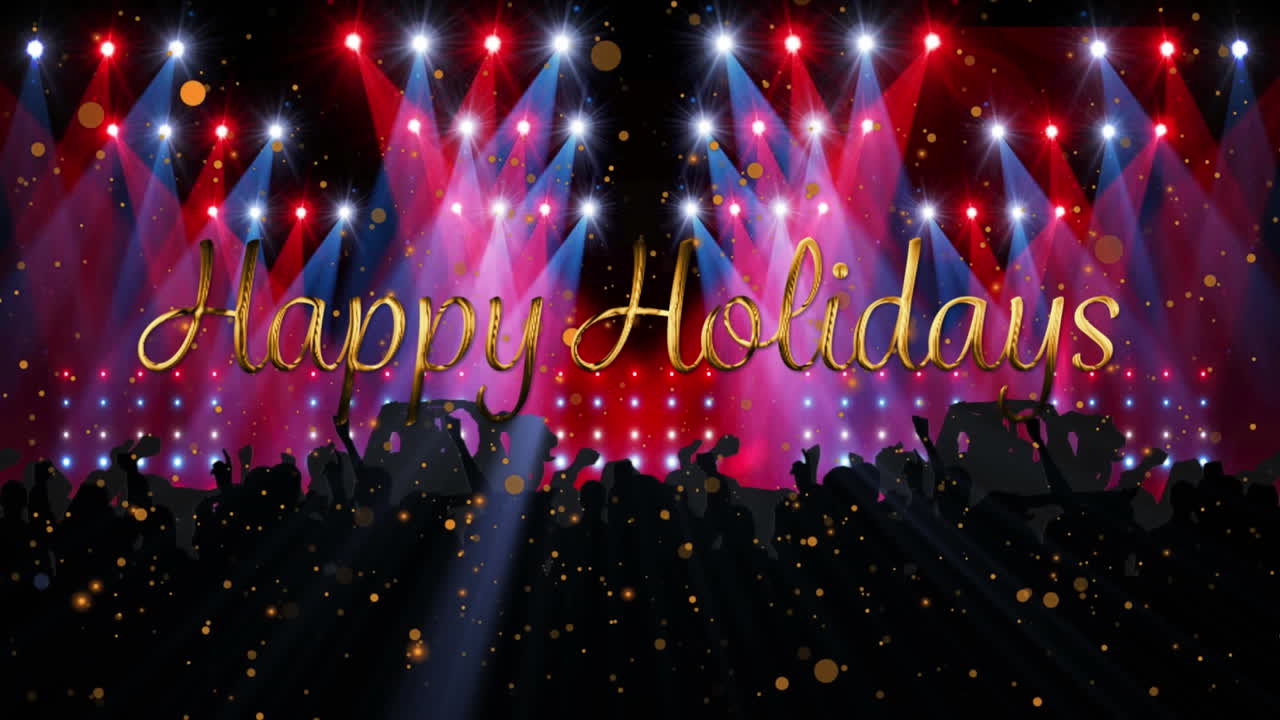 파티에 참석한 사람들 위에서 행복한 휴일 텍스트의 애니메이션