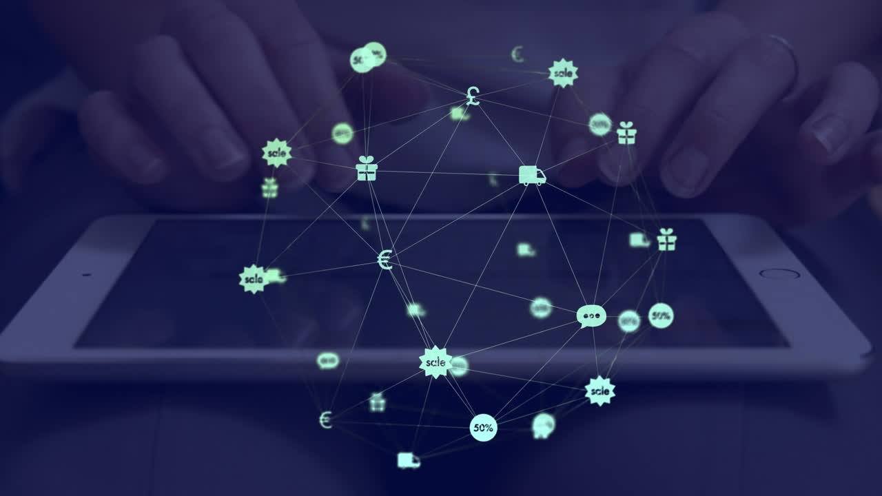 vídeo compuesto digital de una red de conexiones con iconos que se mueven contra la persona que utiliza una tableta digital