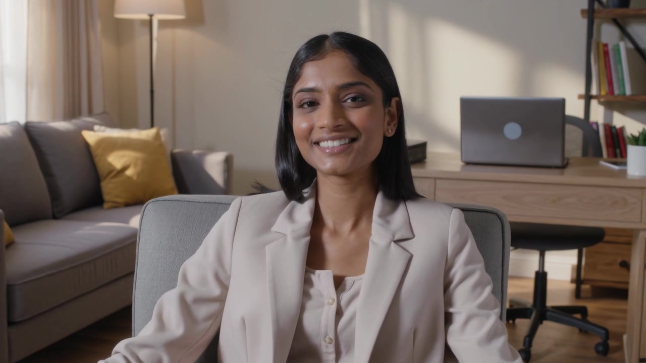 Recording woman in blazer reacting to camera, shifting smile into grin then calming in armchair