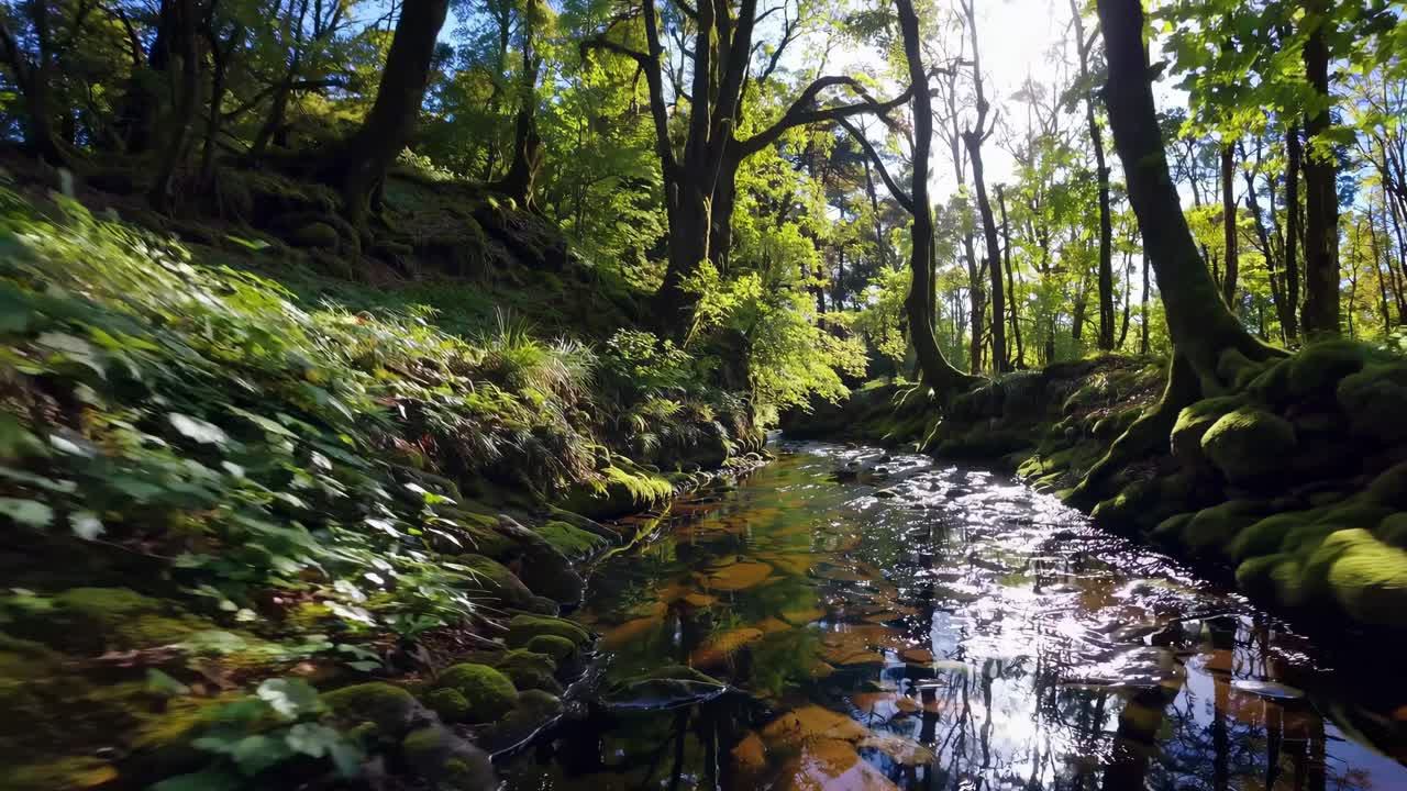 A serene forest stream video captured from a low-angle, showcasing sunlight filtering through lush