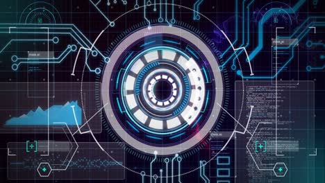 animación de la placa madre y el escáner circular procesando datos en la interfaz con fondo negro