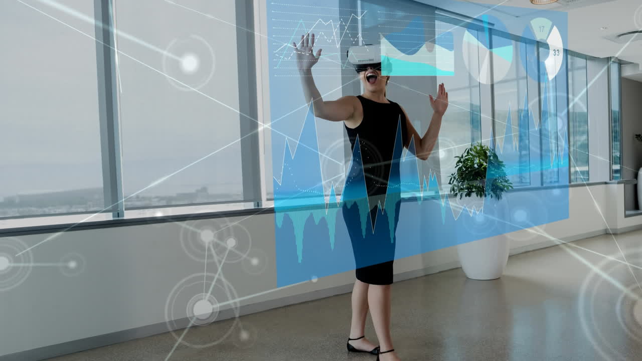 Using virtual reality headset, woman interacting with data visualization over network connections