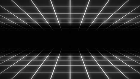 neon grid 3d animation tunnel portal lighting glowing bright lines background seamless loop illusion space background shapes visual effect colour white grey