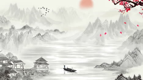 Mysterious-Fantasy-Chinese-style-plum-blossom-ink-landscape-animation-material-of-beautiful-morning-sky,-mountains,-flowers,-lake-with-simple-animation-in-Japanese-Chinese-anime-watercolour-style