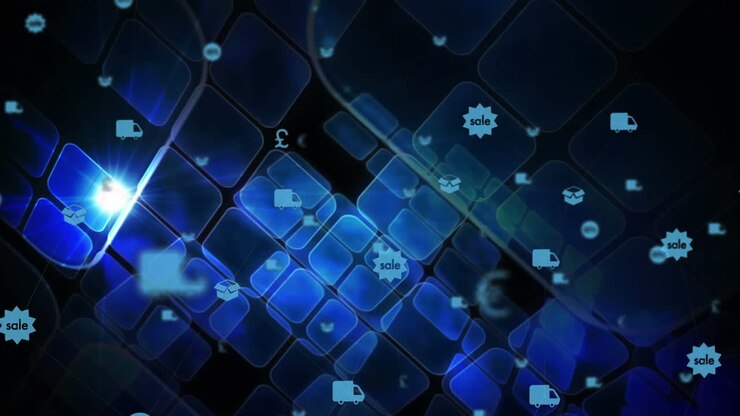 Digital icons moving against black background