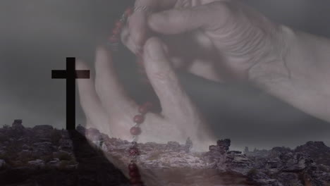 animación de una mujer caucásica orando con un rosario sobre la cruz y las nubes