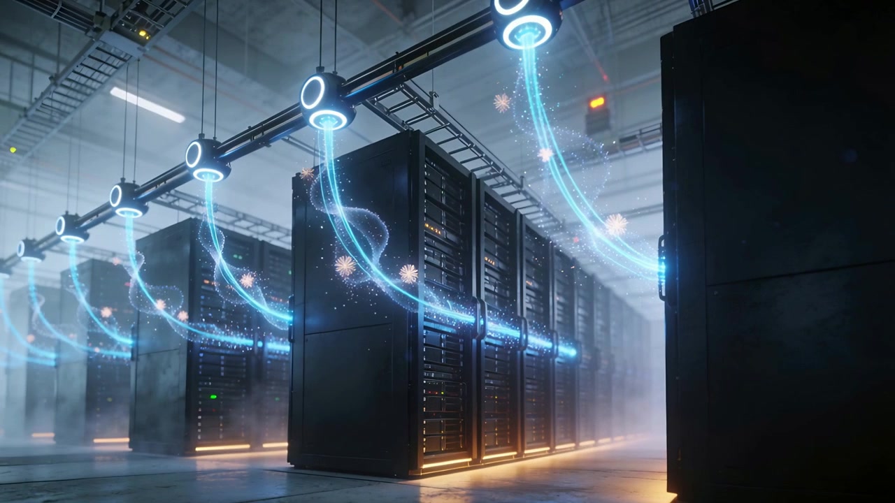 Starting system activating overhead rings emitting blue ribbons along server racks visualizing flow