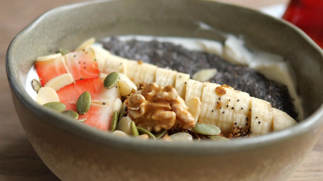 Healthy Breakfast Bowl with Yogurt, Banana, Strawberries, and Chia Seeds