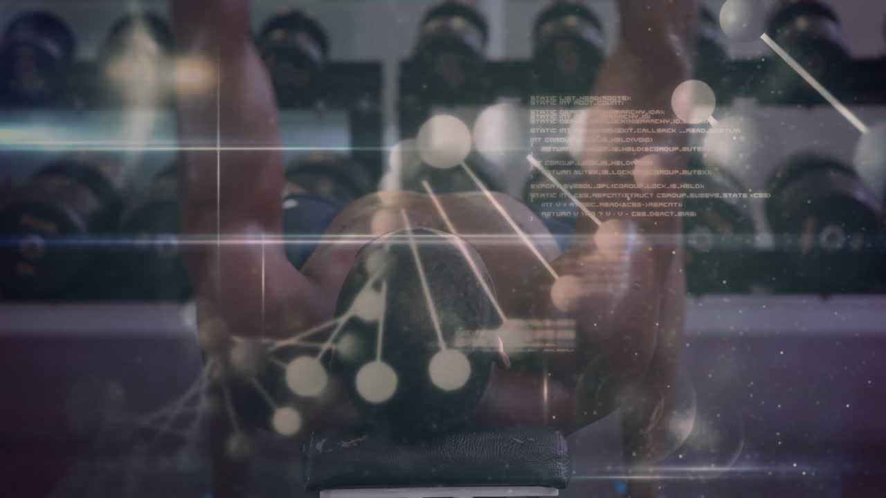 animación de la hilatura de cadenas de adn y procesamiento de datos sobre el ejercicio del hombre fuerte