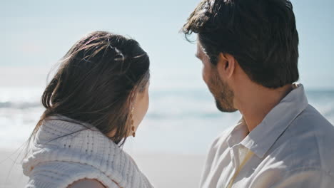 young soulmates standing ocean beach enjoying family weekend close up. love date