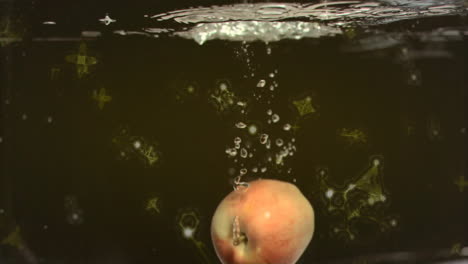 peach splashing into water with animation of bubbles and star shapes surrounding