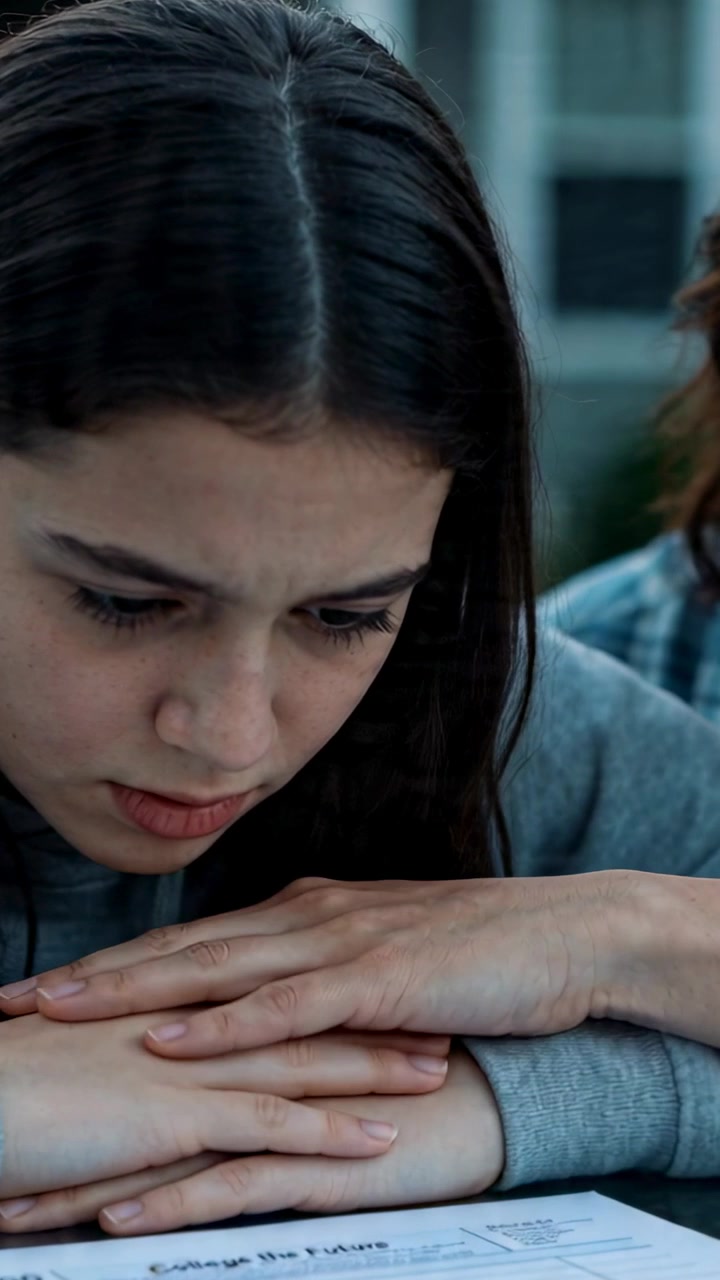 Video vertical: Adolescente con sudadera gris con capucha apoyada en el porche, estudiando un papel que atrae la mirada.