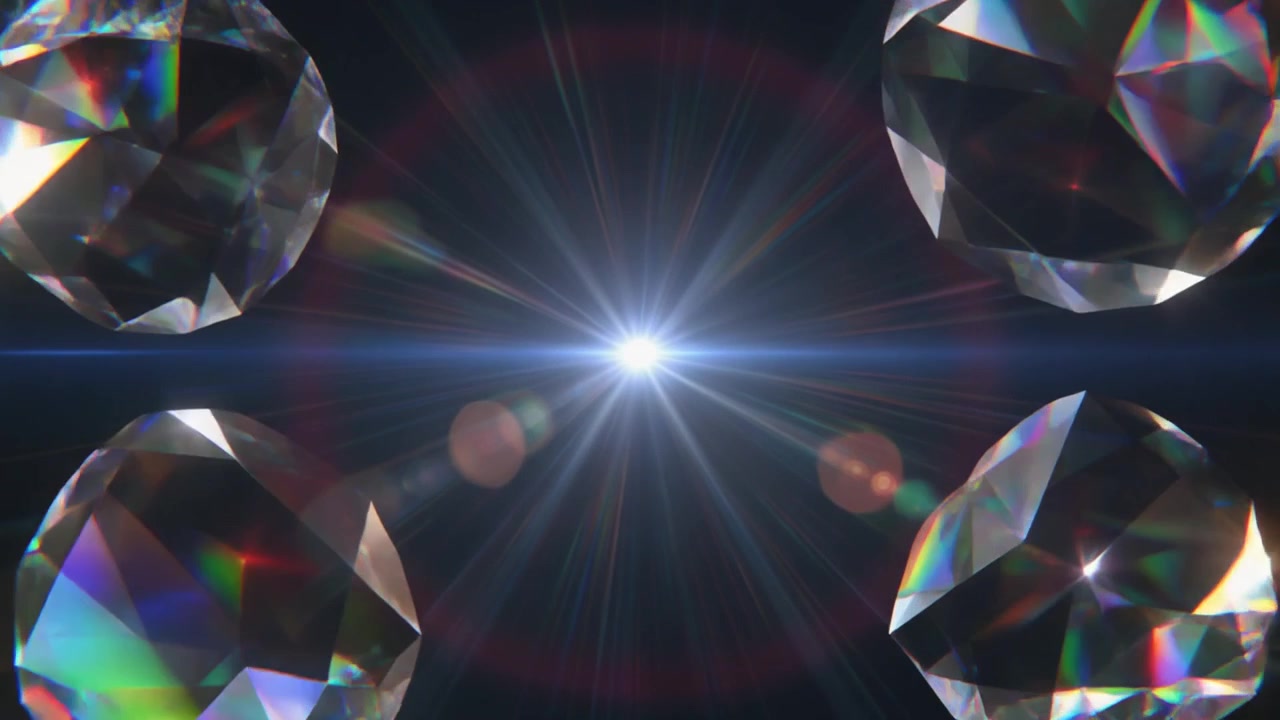 Diamanti Fluttuanti con Bagliore dell'Obiettivo Luminoso su Sfondo Nero