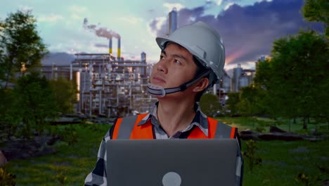 close up of asian male engineer with safety helmet working on a laptop and looking around while standing in front of oil refinery