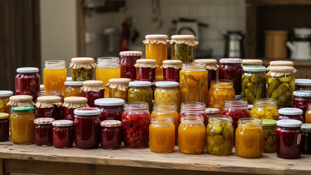 Vibrant Display of Colorful Jars Filled with Homemade Preserves, Jams, and Pickled Vegetables Showcasing Culinary Creativity and Traditional Food Preservation Techniques