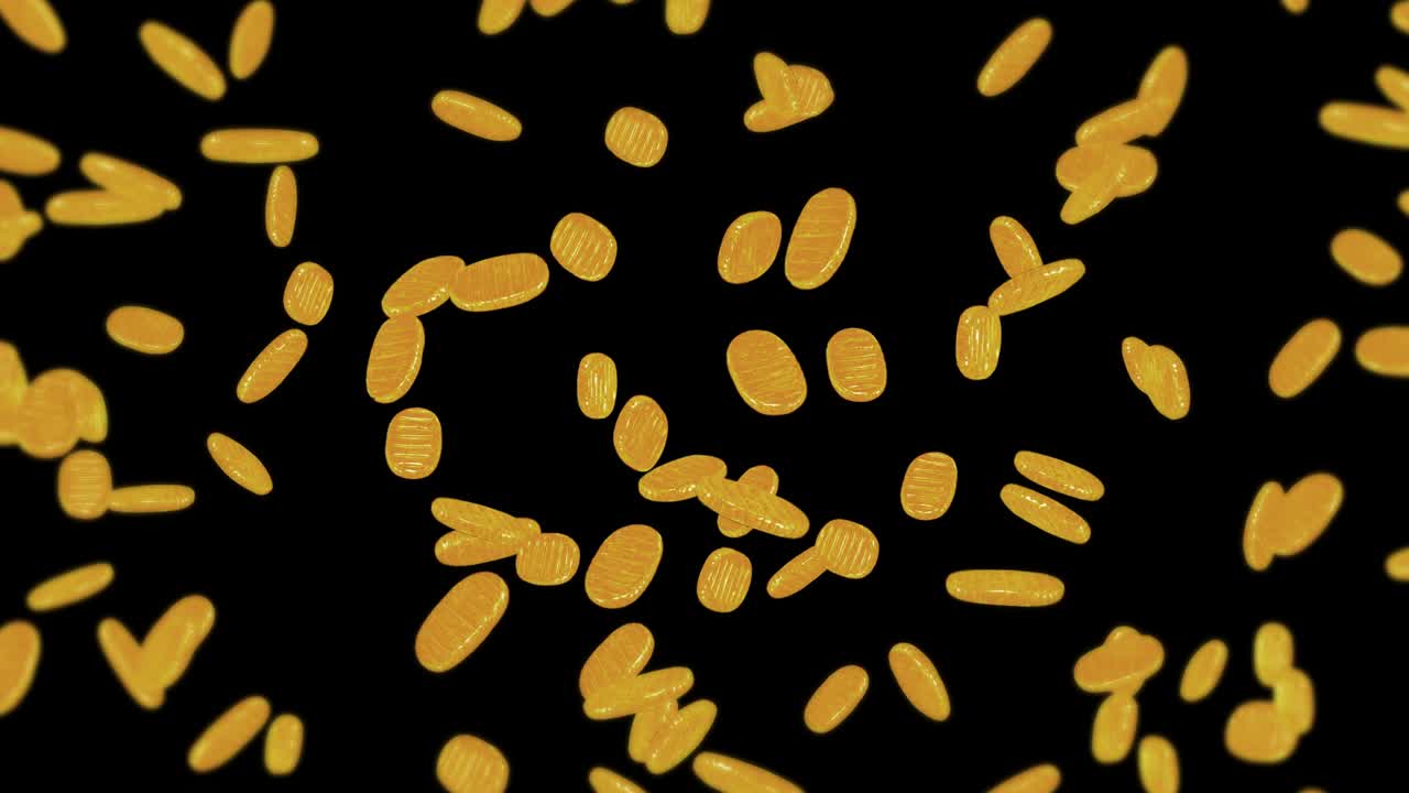 Flying many Koban coins on black background. Japanese oval golden coin. Money in Edo period. 3D animation of coin rotating. Loop animation.