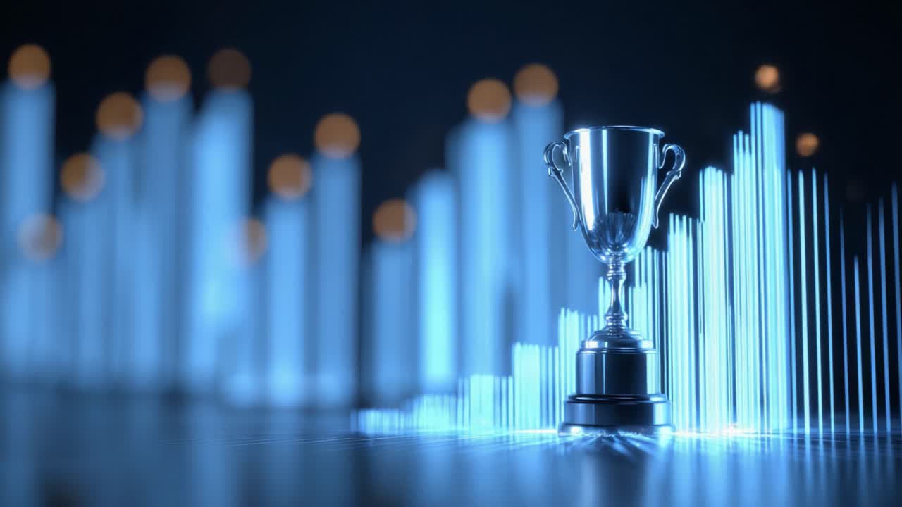 Shiny silver champion trophy cup standing on a pedestal made of blue futuristic glowing light bars with bokeh lights and reflections, representing the concept of success and achievement