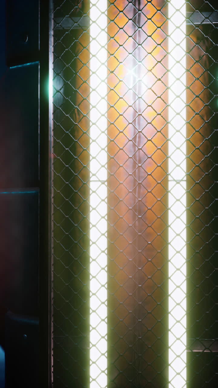 luces de neón brillantes detrás de una valla de malla metálica