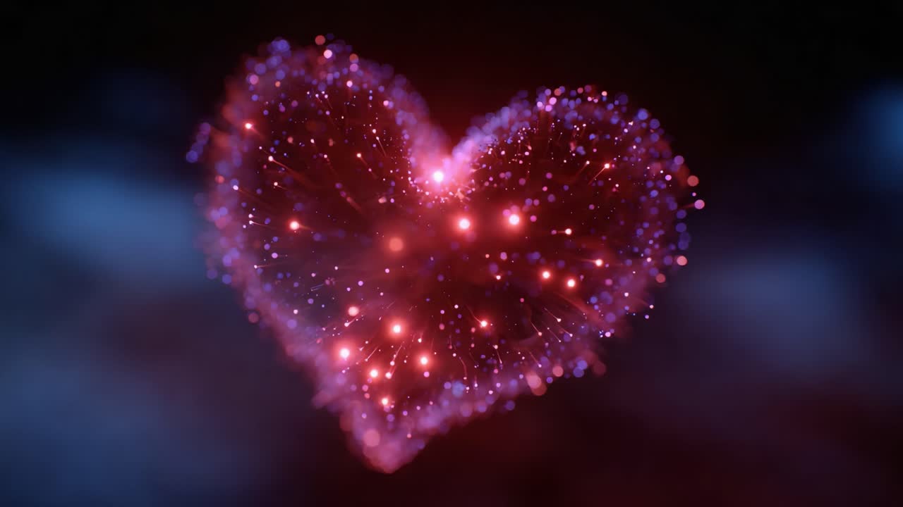 Et æterisk hjerte, der gløder med funklende lys og repræsenterer kærlighed og følelser i et mystisk univers af farverig energi og levende forbindelser