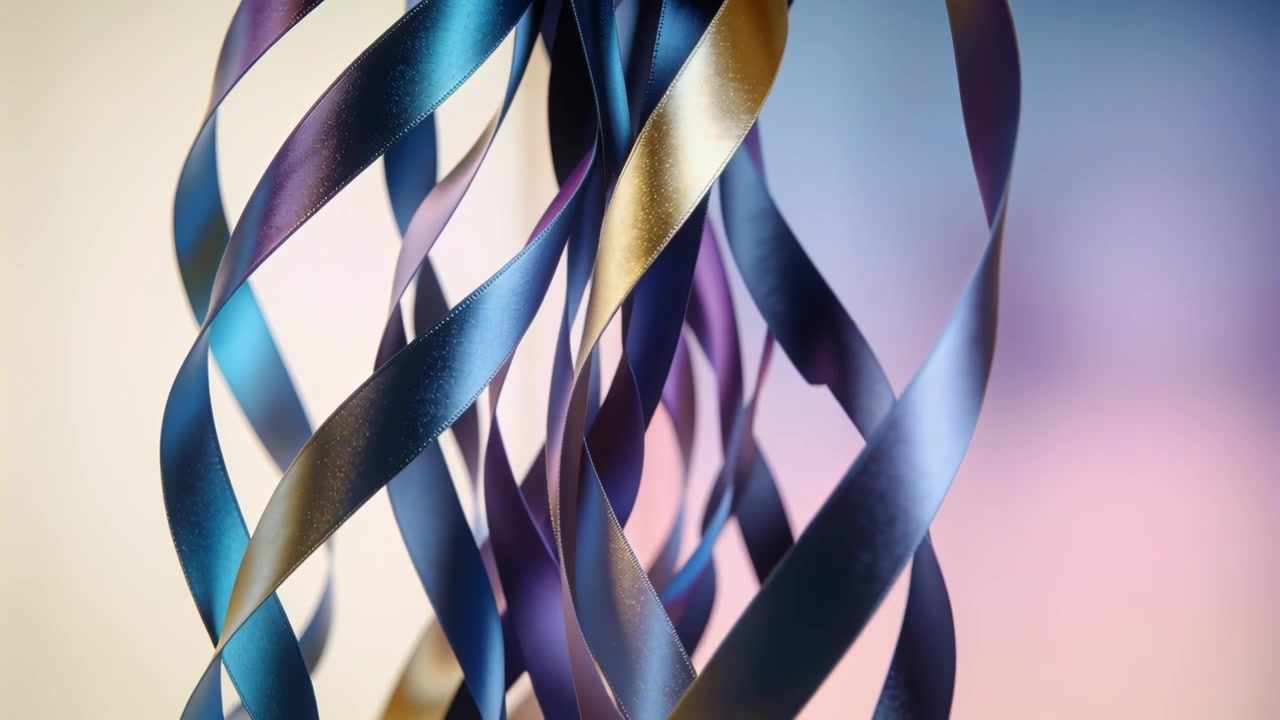 Twisting satin ribbon cluster rotating over frames in studio, revealing blue purple gold sheen