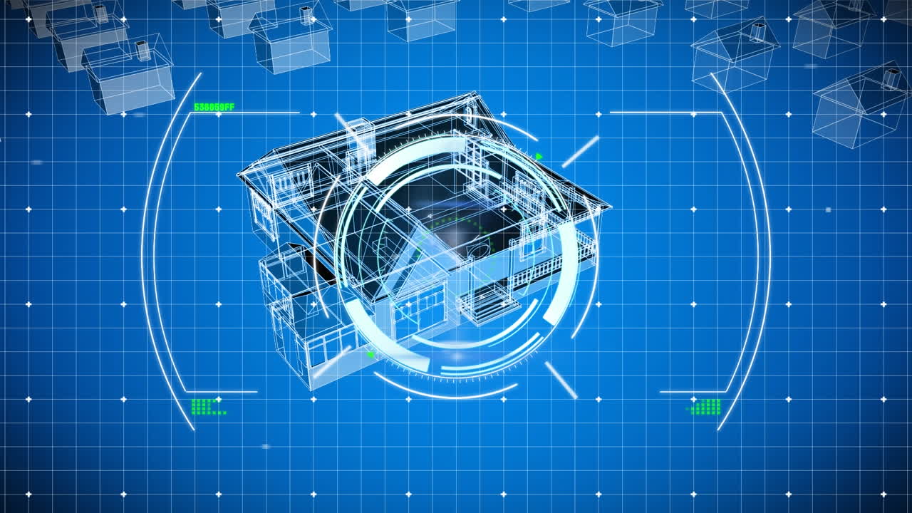 animación del escaneo del alcance con procesamiento de datos sobre el dibujo de la casa en 3d