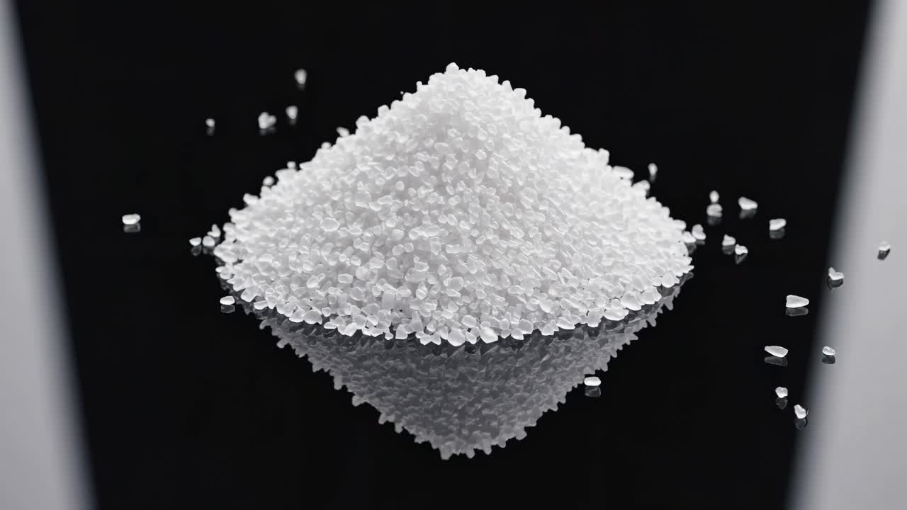 Close-up, high-angle shot of a sugar pile on a reflective surface, creating a mirrored effect