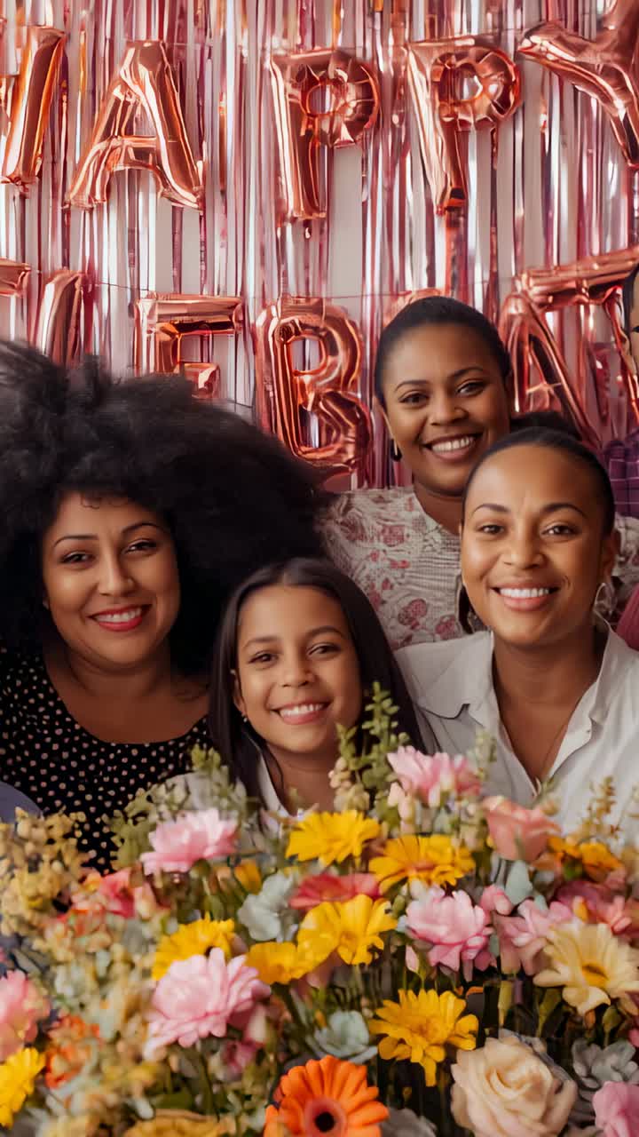 Vídeo vertical: família sorrindo e posando em uma festa com um buquê e balões de ouro rosa enquanto o clipe começa