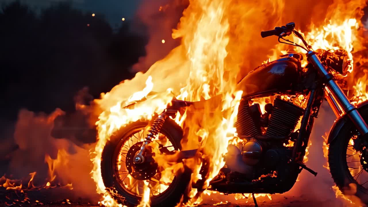una motocicleta está envuelta por llamas en el suelo