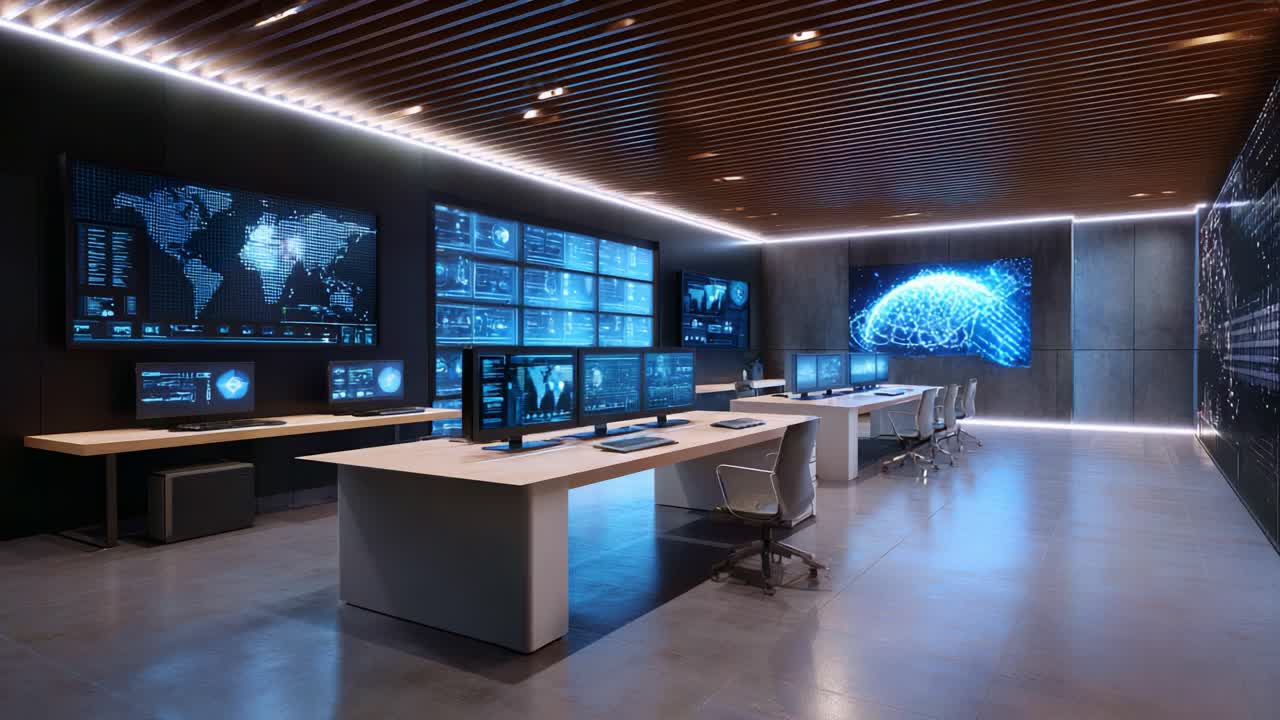 Futuristic Control Room Featuring Advanced Technology and Data Visualization Tools for Monitoring and Analysis in a Modern Digital Environment