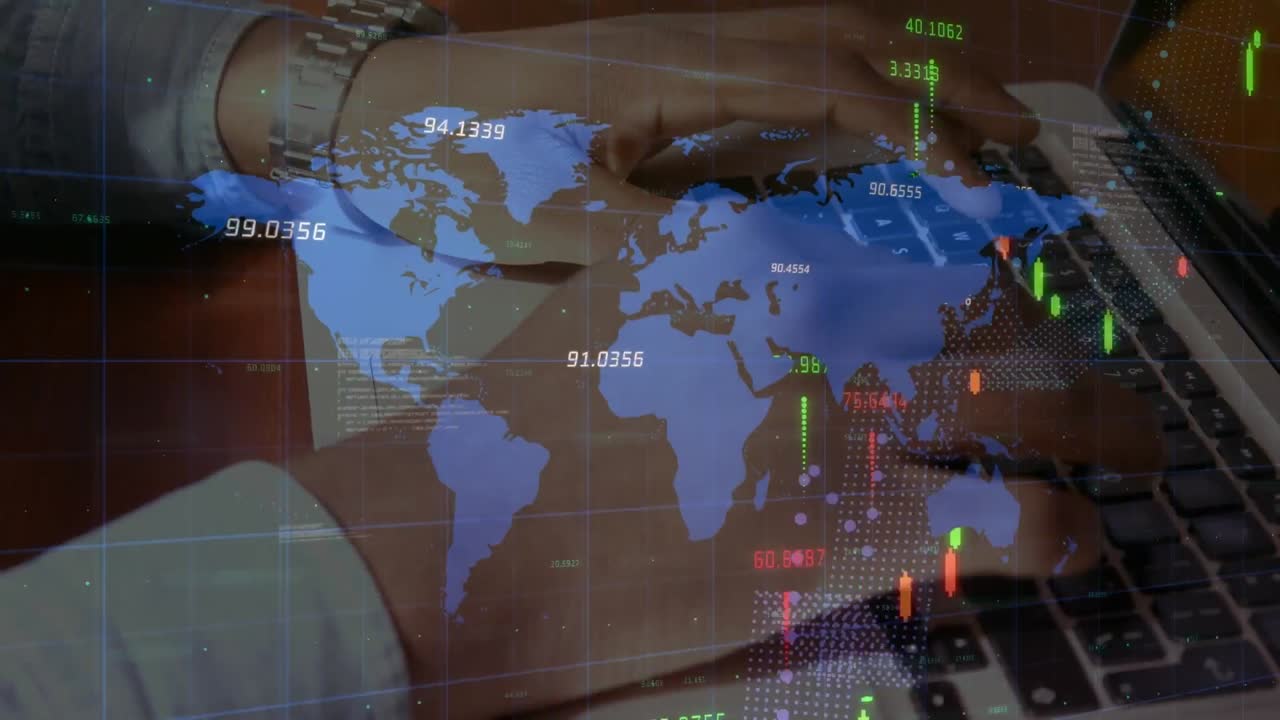animación del mapa del mundo y el procesamiento de estadísticas sobre un hombre de negocios que usa una computadora portátil