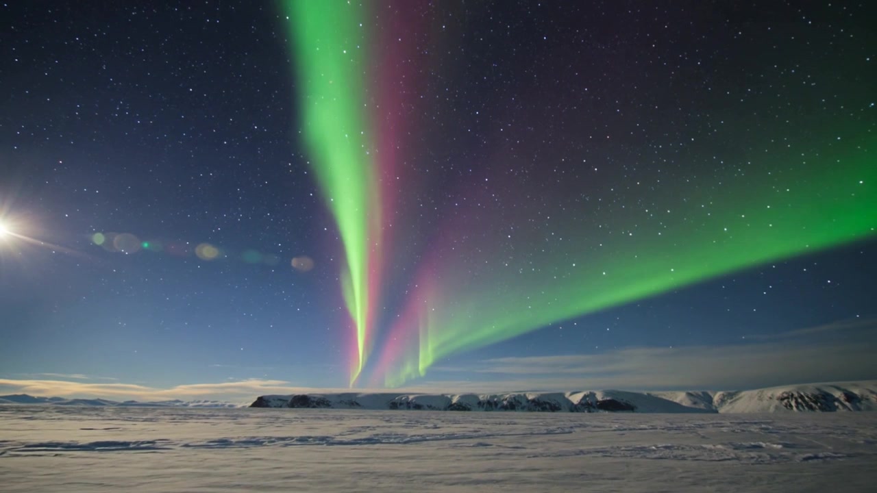 Aurora che sorge dall'orizzonte espandendosi in tende verde-magenta su una pianura innevata, bagliore dell'obiettivo a sinistra