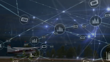 animation of network of connections with icons over landscape and plane