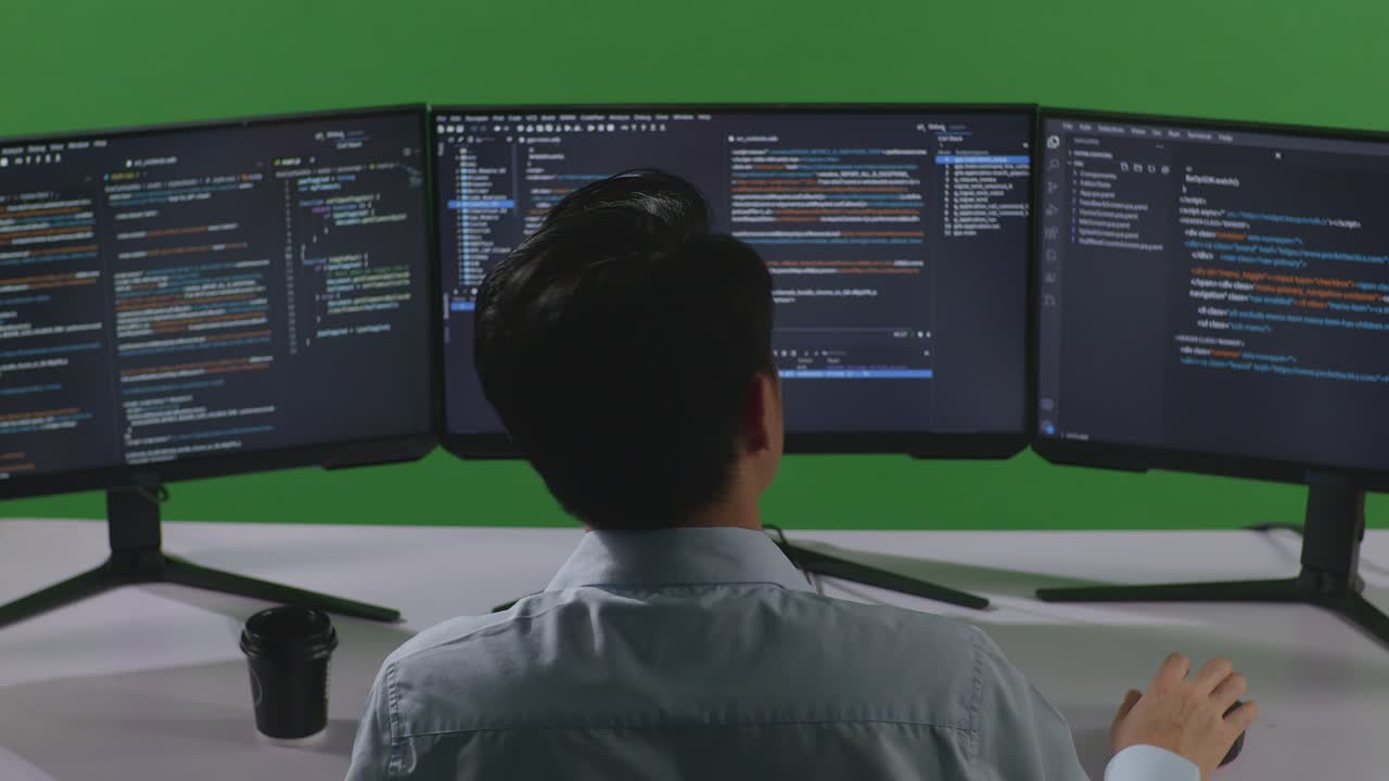 Back View Of Asian Man Developer Having Headache While Write Code With Multiple Computer Screens In Green Screen Studio