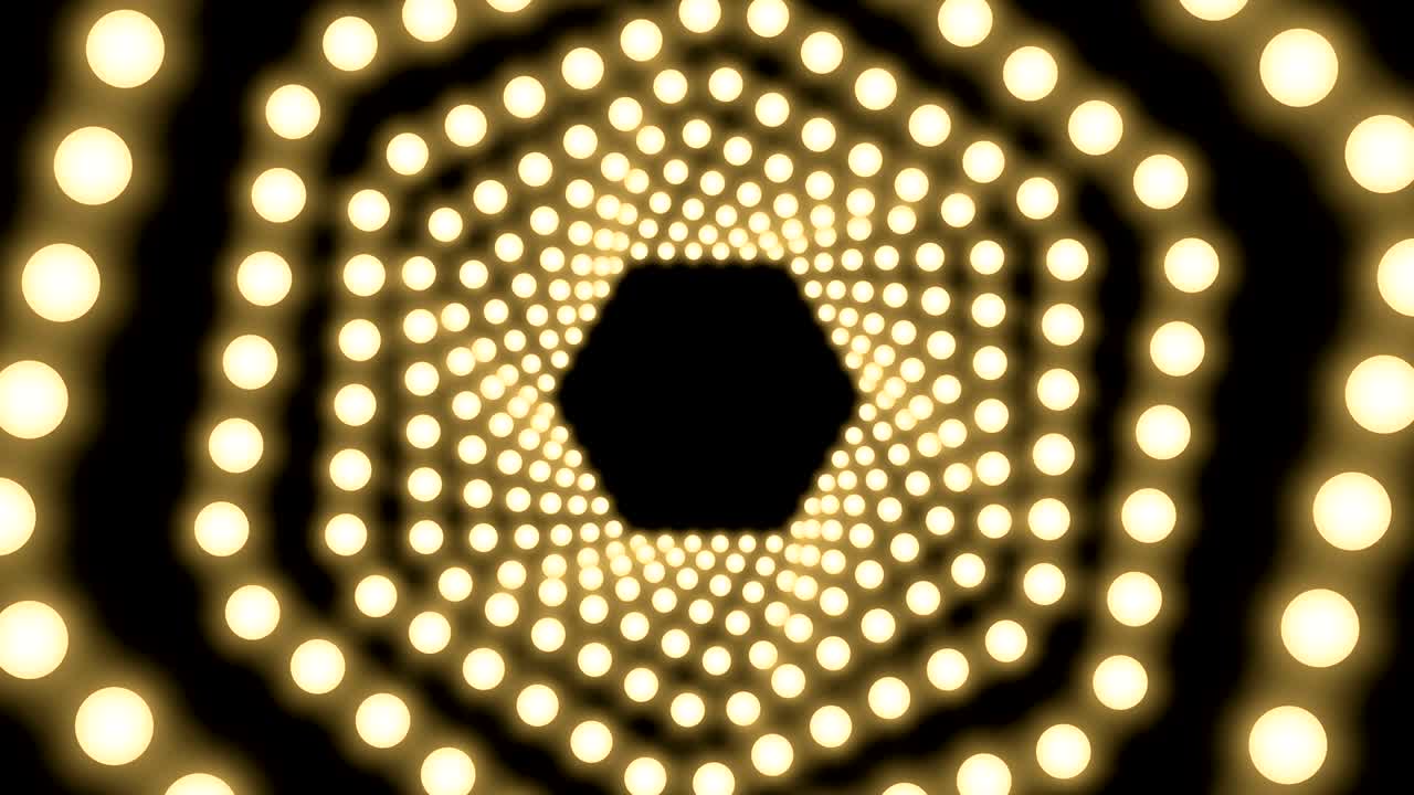 Tunnel Incandescent light bulb box frame hexagon shape swirl rotate moving pattern, retro 3D virtual style illustration glow in dark background seamless looping animation 4K, with copy space