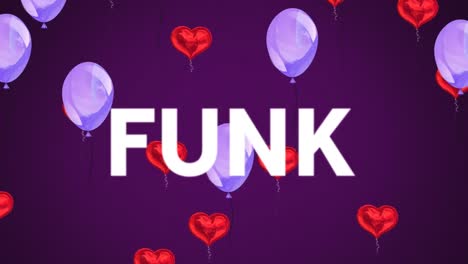 animation of funk text over balloons and hearts on purple background