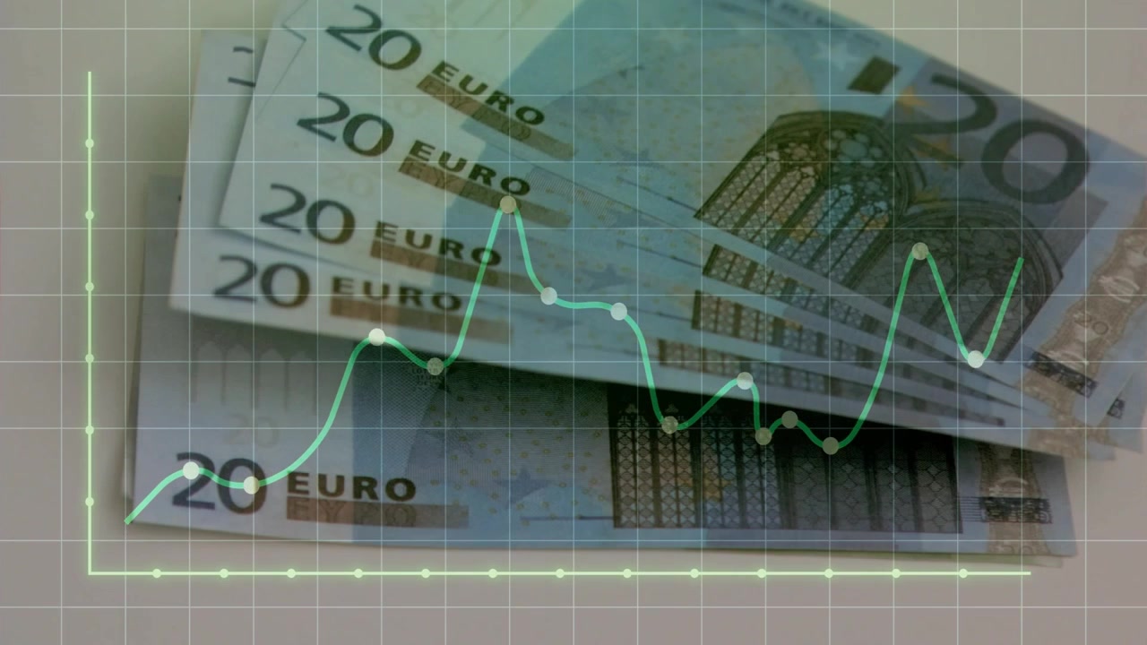 Alussa 20 euron setelit leviävät viuhkana, samalla kun vihreä viiva nousee ja saavuttaa huippunsa, paljastaen trendiä kuvaavan setelin.