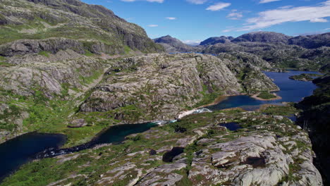 aerial shot, rotating around a small, shallow waterfall in norway, revealing a vast, moss covered, rocky mountain landscape and a deep blue lake