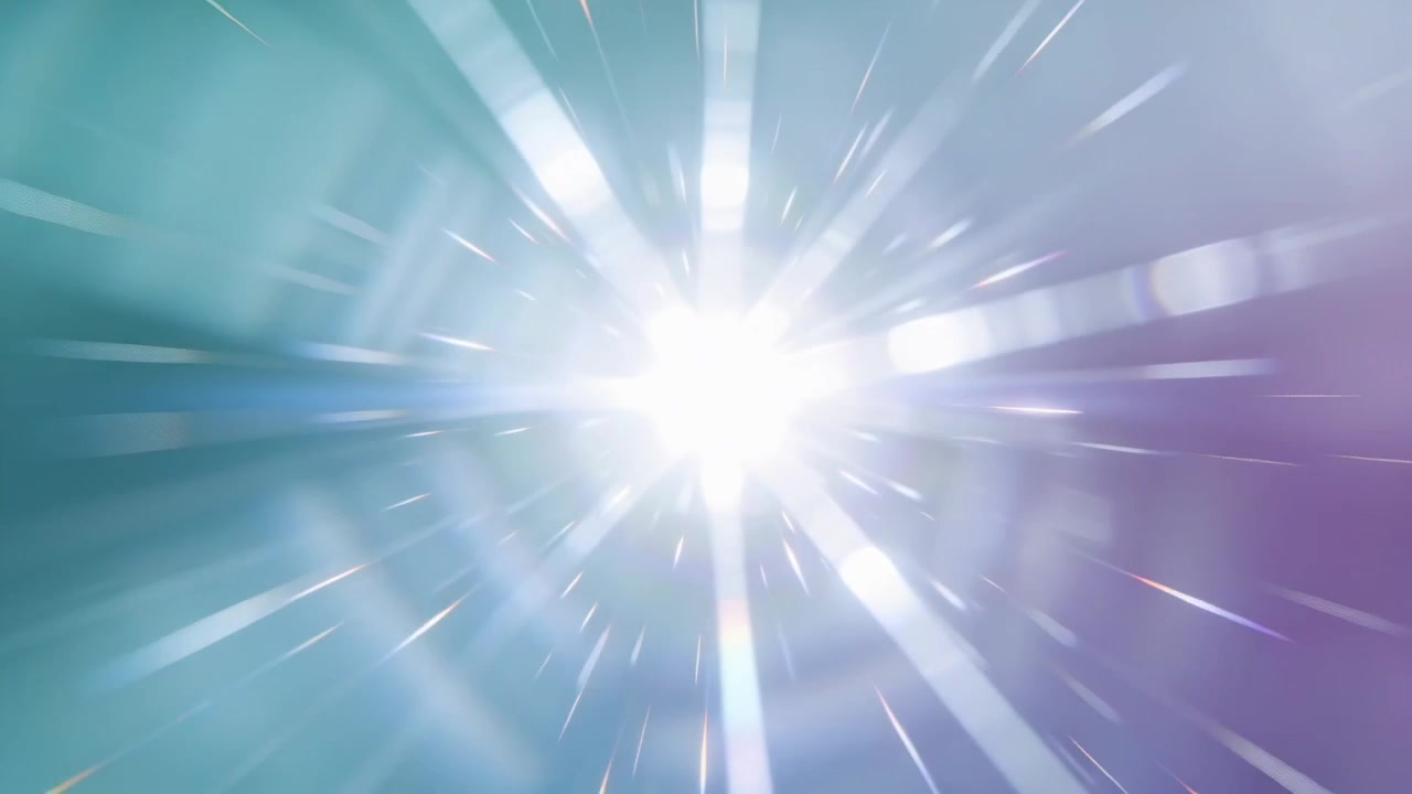 Bursting bright white core radiating beams and forming banded bokeh in teal-purple tunnel