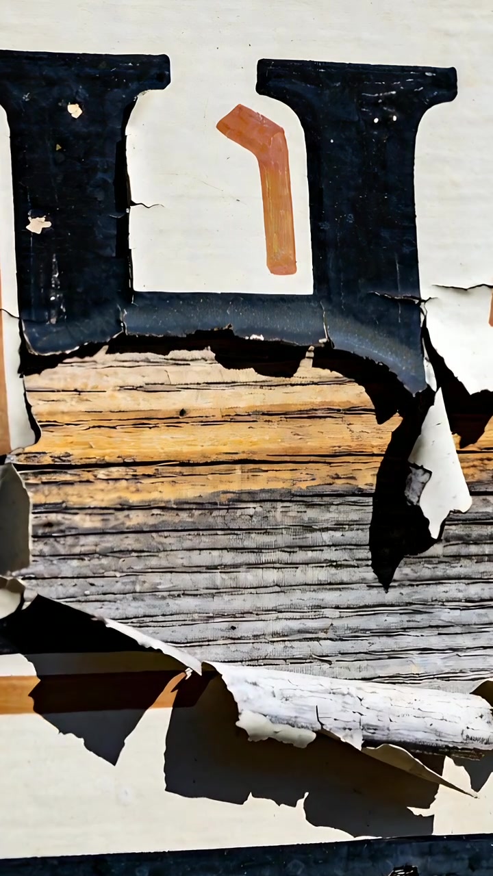 Vertical video: Panning camera revealing torn poster on wall, black letter curling to show wood