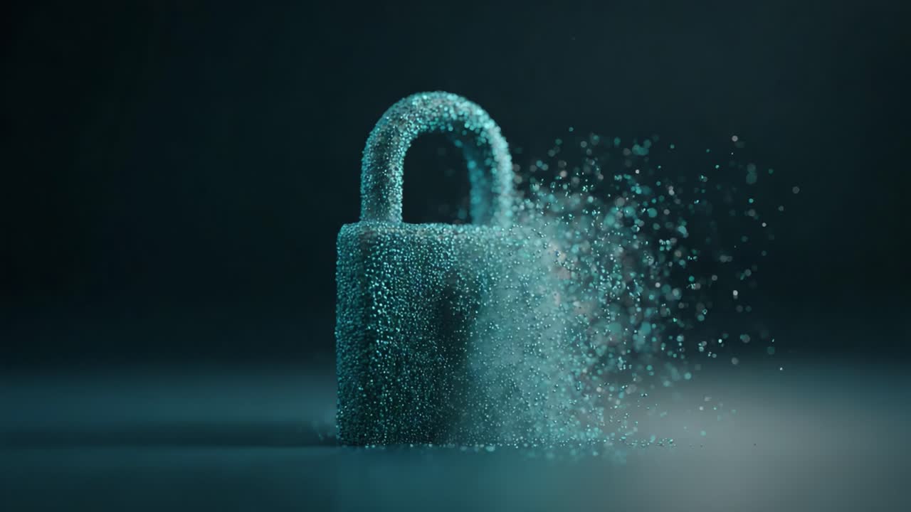 A Stunning Visual Representation of a Lock Dissolving into Particles, Highlighting Concepts of Security, Transformation, and Digital Privacy in Modern Design Aesthetics