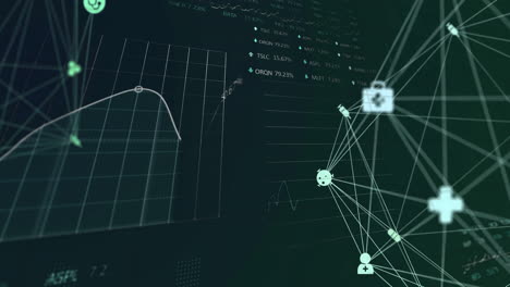 Animation of data processing and diagrams over medical icons
