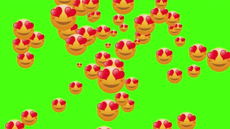 animation of bright yellow smile emoticons fly from left to right. movement cartoon funny emoji icon with heart on face. video for posts on social networks. transparent background. alpha chanel, 4k.