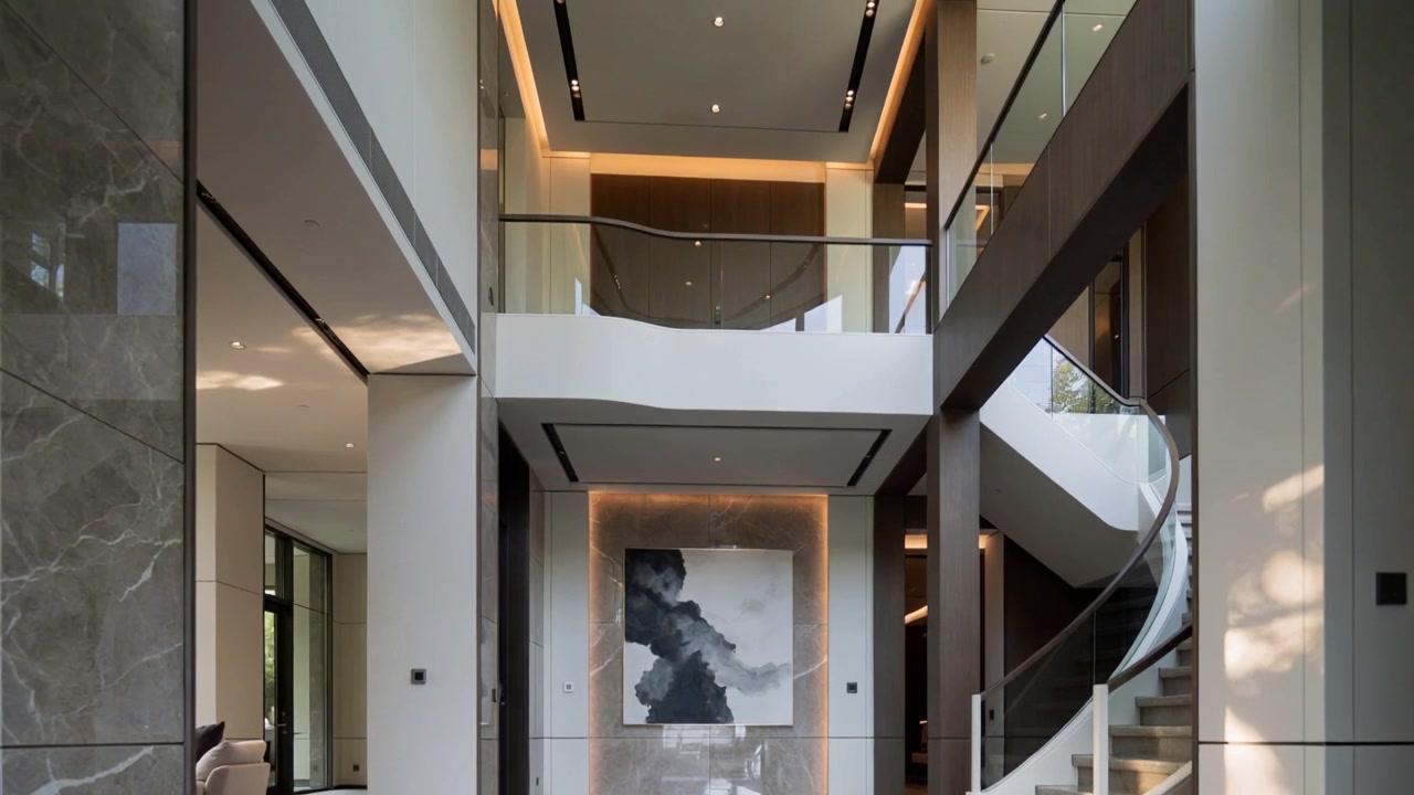 Shifting camera revealing central foyer with backlit artwork, exposing upper lighting details